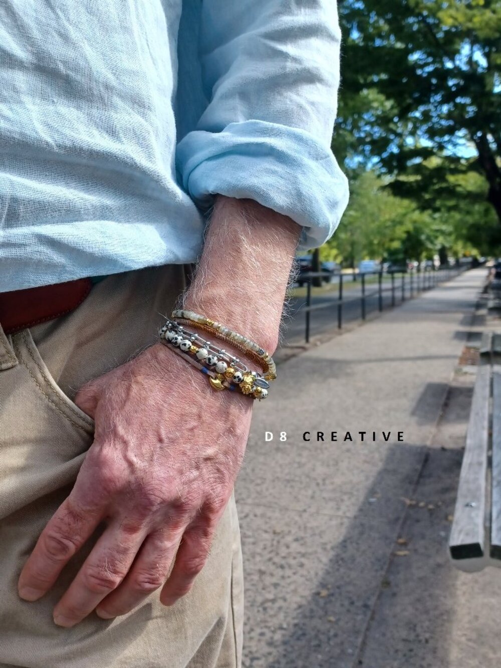 New men's natural dalmatian jasper  with  stainless  steel bracelet